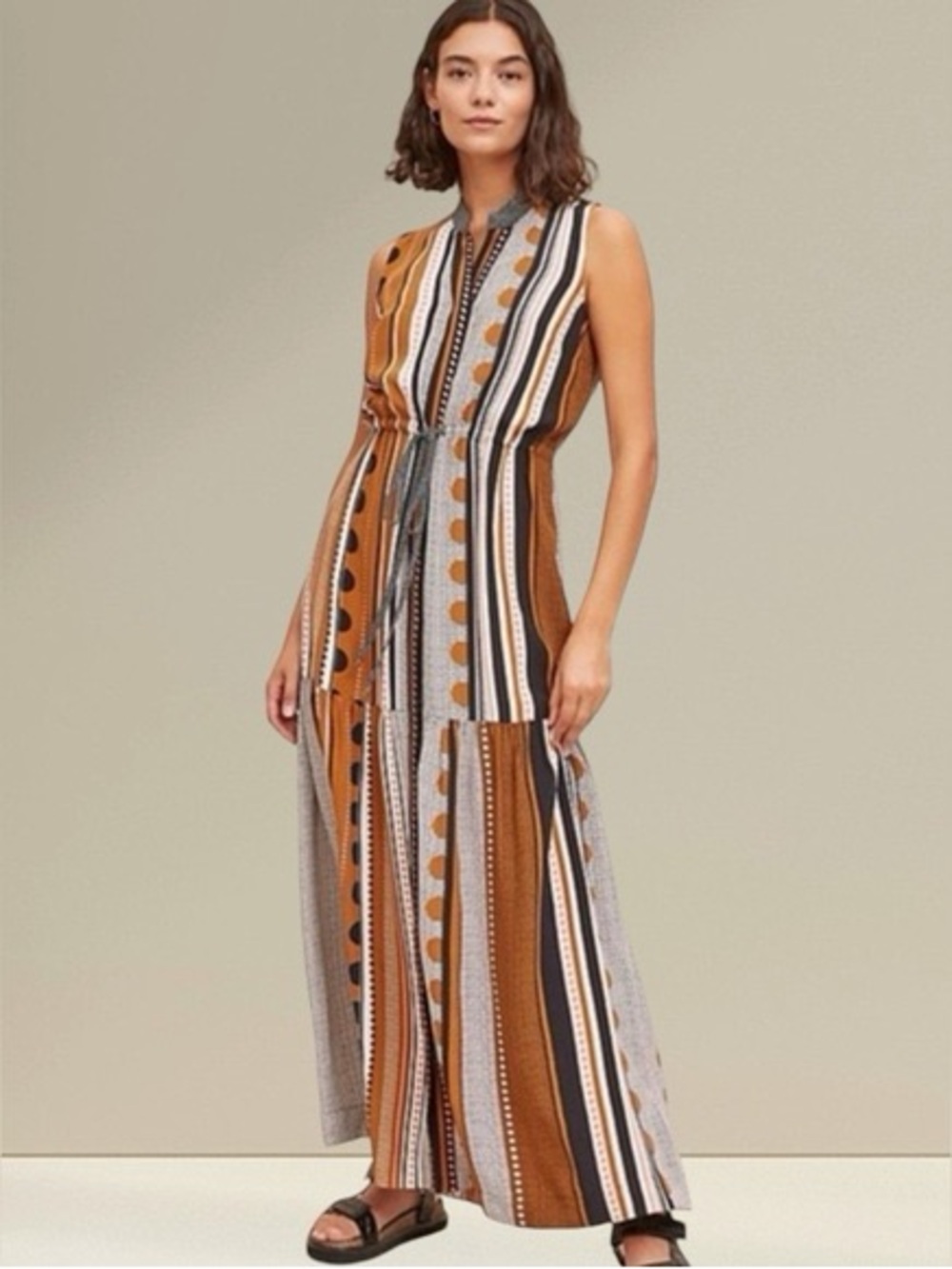 Anthropologie Striped & Dot Maxi Dress in Rust, Black & Cream